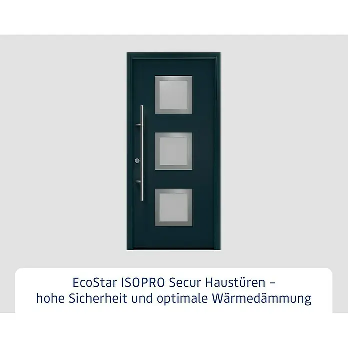 Hörmann EcoStar Haustür ISOPRO Secur IPS 810S - 110 x 210 cm, DIN Anschlag: Links, Anthrazitgrau - Dunkelblaue Haustür mit drei quadratischen Fenstern und langem silbernen Griff.
