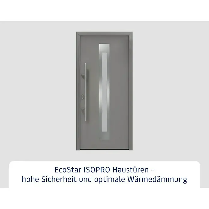 Hörmann EcoStar Haustür ISOPRO IP 770S - 110 x 210 cm, DIN Anschlag: Links, Graualuminium - Graue Haustür mit langem silbernem Griff und vertikalem Milchglaseinsatz.