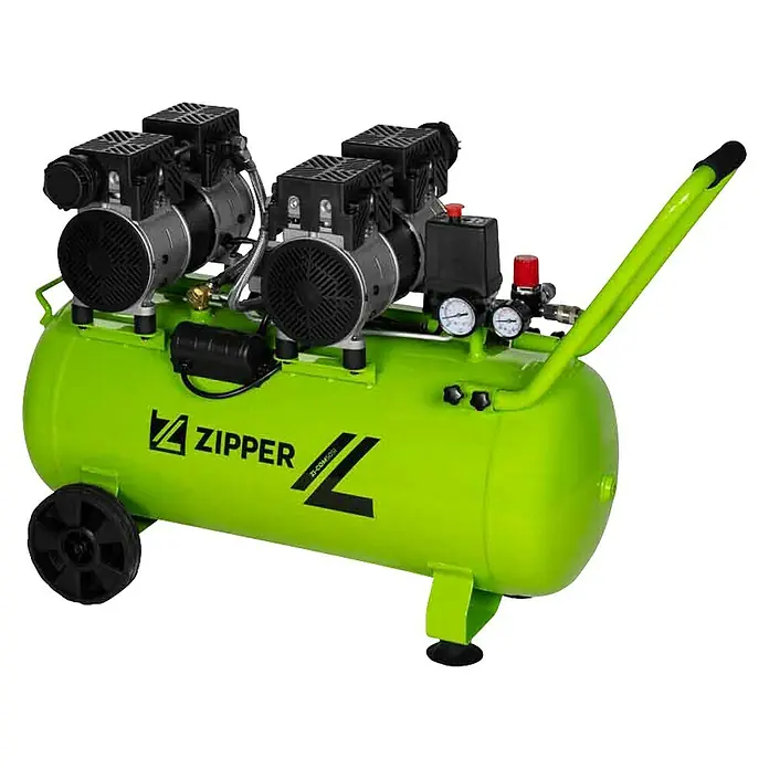 Zipper Flüsterkompressor ZI-COM50SI - 1.500 W, Max. Druck: 8 bar, 50 l, Schmierung: Ohne - Hellgrüner Luftkompressor auf Rädern mit schwarzen Kompressoreinheiten, Manometern und grünem Griff.