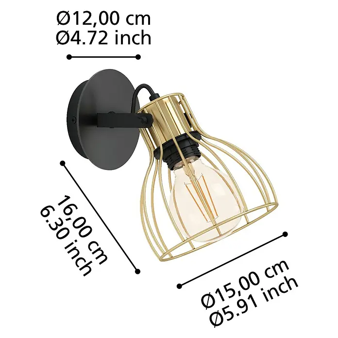 Eglo Sambatello Deckenstrahler - 40 W, L x B x H: 26 x 15 x 22 cm, Schwarz/Messing-gebürstet, E27, 1 Stk. - Produktbild einer Wandleuchte in Gold- und Schwarztönen mit Maßangaben. Eine stilvolle Ergänzung für jeden Raum.