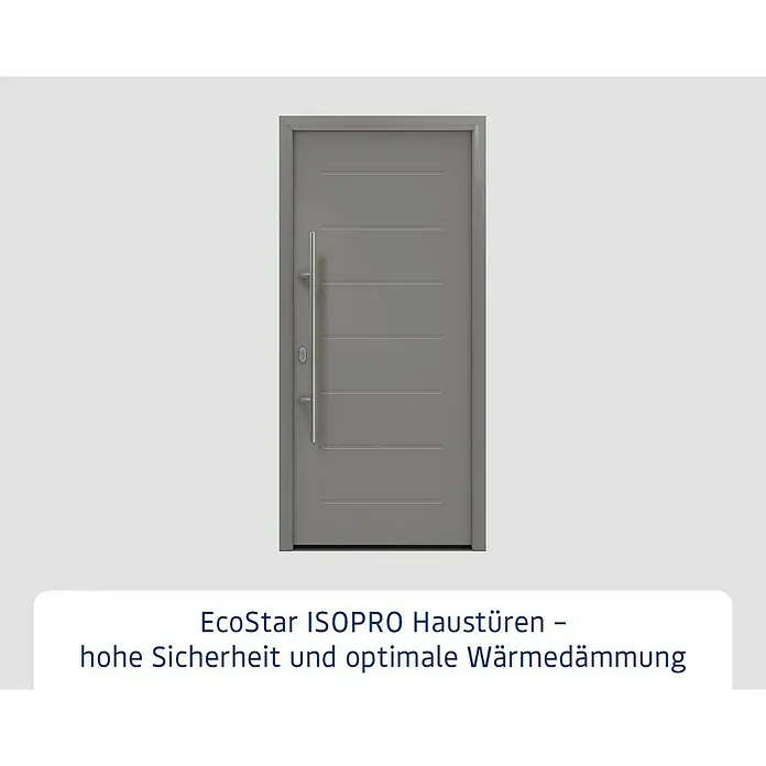 Hörmann EcoStar Haustür ISOPRO IP 015 - 110 x 210 cm, DIN Anschlag: Links, Graualuminium - Moderne graue Haustür mit horizontalen Rillen und langem Edelstahl-Stangengriff.