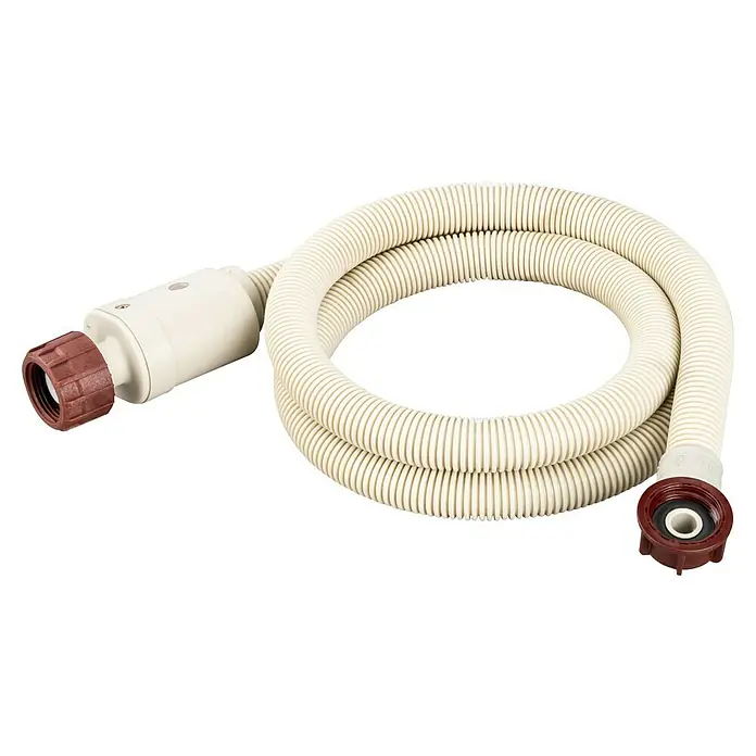 Xavax Wasserstop - Länge: 1,5 cm - Beigefarbener, gewellter Geräteschlauch, aufgewickelt, mit braunen Gewindeanschlüssen.