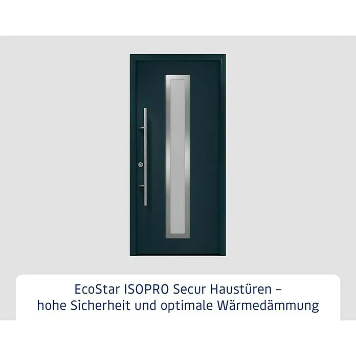 Hörmann EcoStar Haustür ISOPRO Secur IPS 700S - 110 x 210 cm, DIN Anschlag: Links, Anthrazitgrau - Dunkelblaue Haustür mit vertikalem, silbergerahmtem Glaseinsatz und silbernem Stangengriff.
