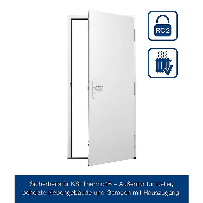 Hörmann Stahlschutztür KSI Thermo46 RC2 - 100 x 200 cm, DIN Anschlag: Rechts, Verkehrsweiß - Weiße Sicherheitstür, teilweise geöffnet, mit RC2-Sicherheit und Wärmedämmung.