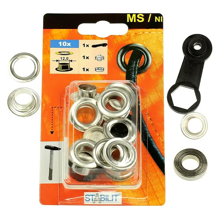 Stabilit Öse - Durchmesser: 12 mm, Vernickelt, 10 Stk. - STABILIT Ösen-Set MS/NI, bestehend aus 10 Ösen, Werkzeug und Unterlegscheiben. Ideal für Textilien, Planen und Leder.