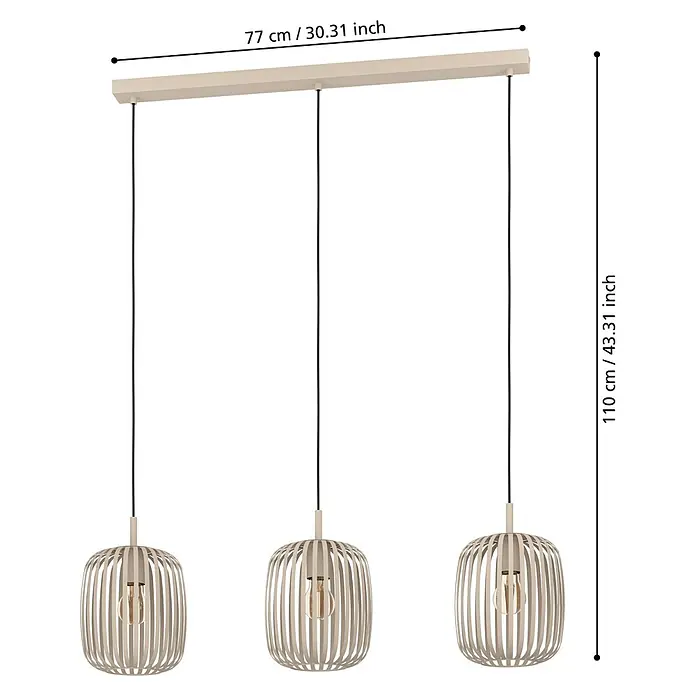 Eglo Romazzina Pendelleuchte - 120 W, Sand, E27, Anzahl Leuchtmittel: 3 Stk. - Pendelleuchte mit drei Schirmen aus Holzlamellen in Beige, modernes Design, ideal für Esszimmer. Gesamtgröße 110cm x 77cm.