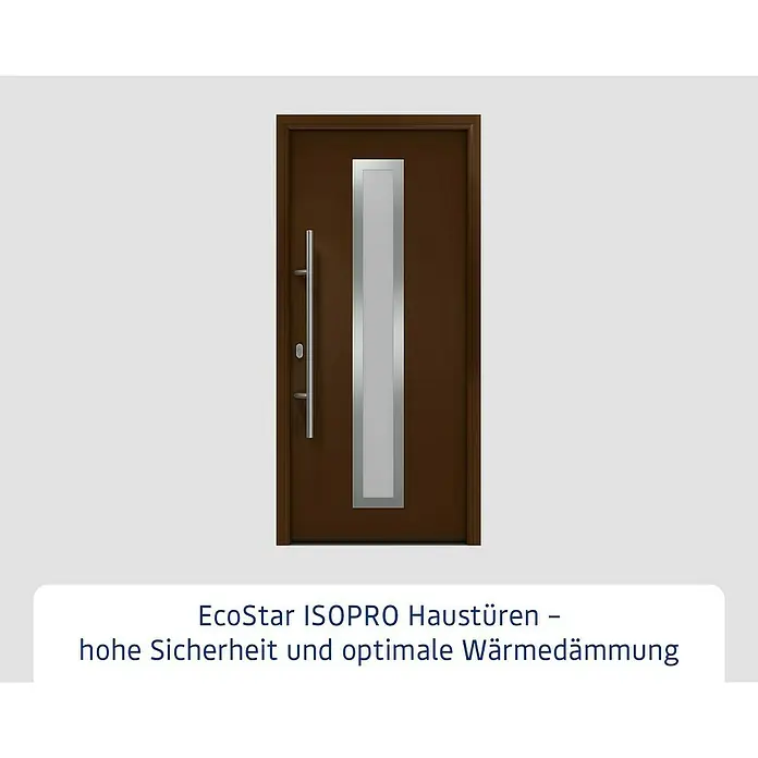 Hörmann EcoStar Haustür ISOPRO IP 700S - 110 x 210 cm, DIN Anschlag: Links, Terrabraun - Moderne braune Haustür mit langem silbernem Griff und vertikalem Glaseinsatz mit Silberrahmen.