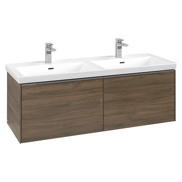 Villeroy & Boch Subway 3.0 Waschbeckenunterschrank - Arizona Oak, Anzahl Schubladen: 2 Stk., Farbe Griff: Aluminium glänzend, B x T x H: 127,2 x 47,8 x 42,9 cm, Mit Beleuchtung, Geeignet für Doppelwaschtisch - Doppelwaschtischunterschrank mit weißen Keramikbecken und dunkelbraunem Holzdekor-Schrank.