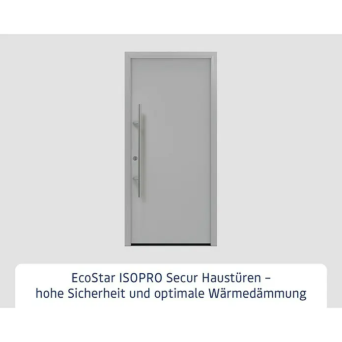 Hörmann EcoStar Haustür ISOPRO Secur IPS 010 - 110 x 210 cm, DIN Anschlag: Links, Weißaluminium - Moderne graue Haustür mit langem silbernem vertikalen Griff.