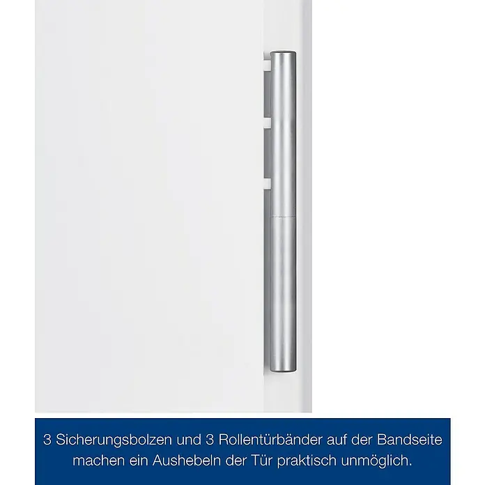 Hörmann Stahlschutztür KSI Thermo46 RC2 - 100 x 200 cm, DIN Anschlag: Rechts, Verkehrsweiß - Nahaufnahme einer weißen Tür mit silbernem Rollentürband. 3 Sicherungsbolzen und 3 Rollentürbänder auf der Bandseite verhindern das Aushebeln.