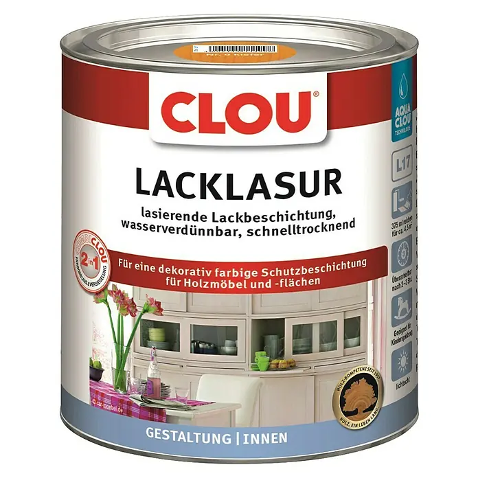Clou Aqua Lacklasur Combi-Clou L17 - Kiefernblond, 375 ml, Seidenmatt - Dose Clou Lacklasur, eine lasierende Lackbeschichtung für dekorative Holzmöbel und Flächen im Innenbereich, wasserverdünnbar und schnelltrocknend.