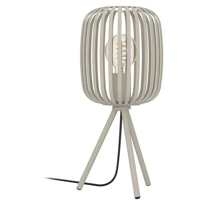 Eglo Romazzina Tischleuchte - 40 W, Sand, E27 - Elegante Stehlampe mit einem Schirm aus Holzstreben und einem Dreibein-Stativ, die ein warmes Licht im Raum erzeugt.