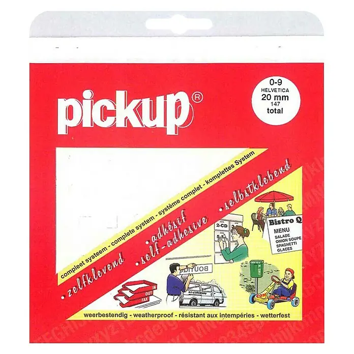 Pickup Aufkleber - Ziffern, Weiß, Höhe: 20 mm - Pickup Buchstaben- und Zahlensatz mit einer Höhe von 20 mm und insgesamt 147 Zeichen, selbstklebend und wetterfest für vielseitige Anwendungen.