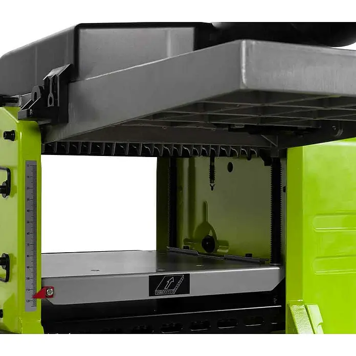 Zipper Abricht-Dickenhobelmaschine ZI-HB254N - Maße Tisch: 920 x 263 mm - Hellgrüner und grauer Holzbearbeitungs-Hobel mit Metalleinzugtisch, Fräskopfgehäuse und Höheneinstellungsskala.