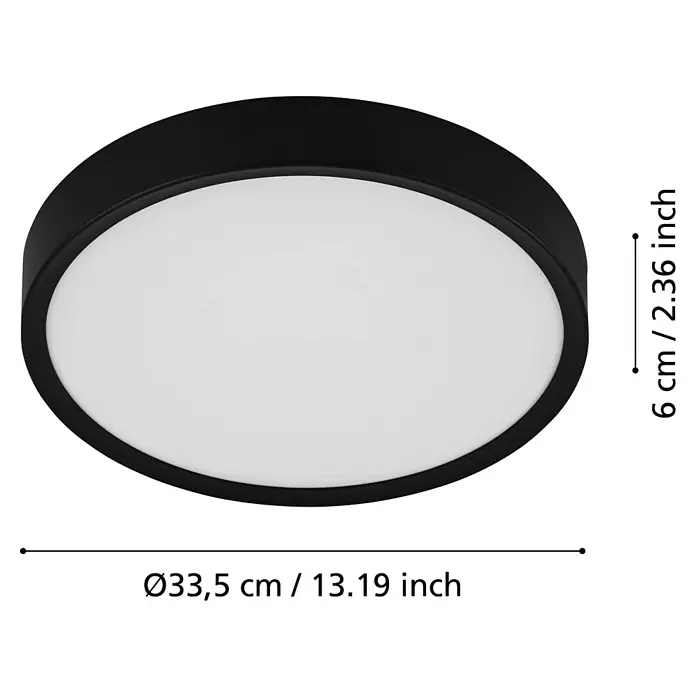 Eglo LED-Deckenleuchte rund MUSURITA - 14,6 W, Ø x H: 340 mm x 6 cm, Schwarz, Warmweiß - Bild einer runden, schwarzen Deckenleuchte mit weißem Diffusor und Maßangaben.