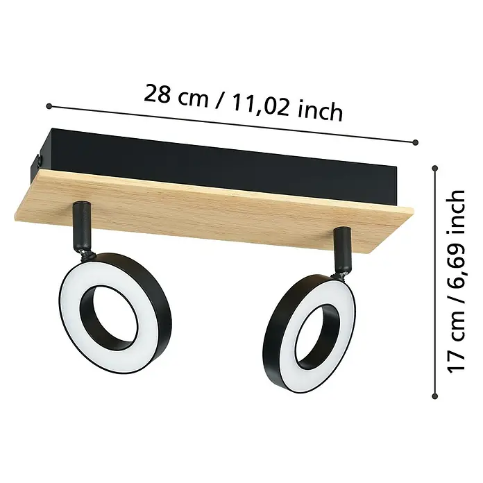 Eglo LED-Einbauleuchte Rielves - 4,2 W, L x B x H: 28 x 7 x 17,5 cm, Schwarz, Holz, Warmweiß - Eine moderne Deckenleuchte mit heller Holzbasis, schwarzem rechteckigem Oberteil und zwei verstellbaren schwarzen ringförmigen LED-Strahlern.