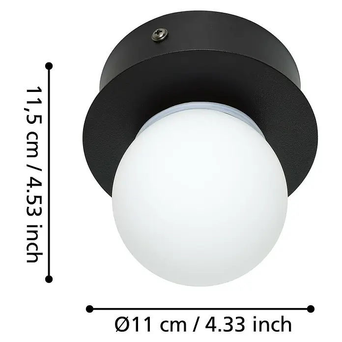 Eglo LED-Wand- & Deckenleuchte Mosiano - 3,3 W, Schwarz, Schwarz, Warmweiß, Durchmesser: 11 cm - Nahaufnahme einer stilvollen schwarzen Deckenleuchte mit einer kugelförmigen weißen Glühbirne.