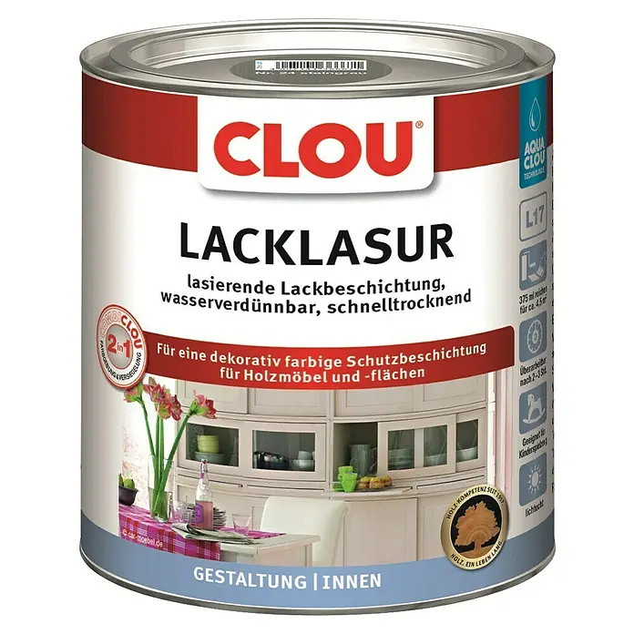 Clou Aqua Lacklasur Combi-Clou L17 - Steingrau, 375 ml, Seidenmatt - Dose CLOU Lacklasur für dekorative, farbige Schutzbeschichtung von Holzmöbeln und -flächen, wasserverdünnbar und schnelltrocknend.
