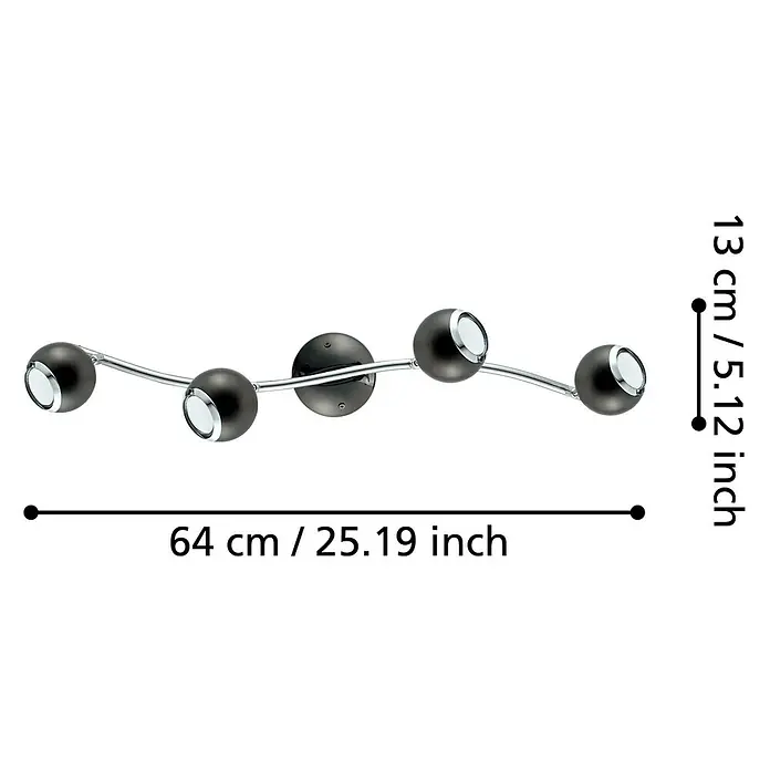 Eglo LED-Deckenstrahler BIMEDA - 12 W, Nickel-nero/Chrom, 4 Stk. - Nahaufnahme einer modernen, grauen Deckenleuchte mit fünf kugelförmigen Lampen und silbernen Akzenten.