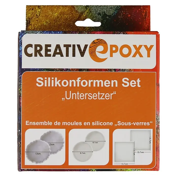 CreativEpoxy Gießform Silikonformen-Set - Untersetzer, Silikon - CREATIVePOXY Silikonformen-Set für Untersetzer, mit zwei 13cm Wellenrand-, zwei 8,7cm runden und zwei 13,7cm quadratischen Formen.