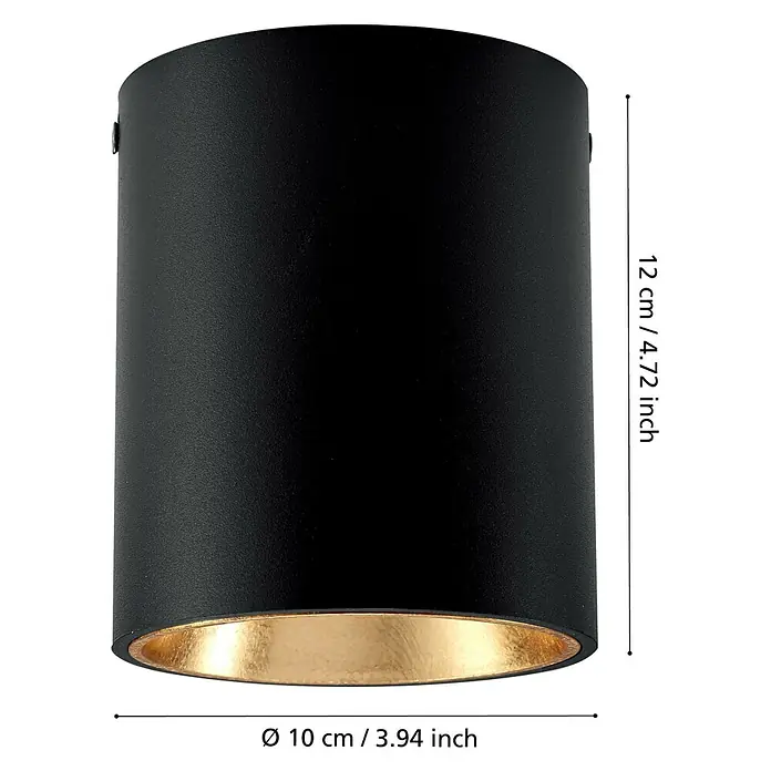 Eglo LED-Deckenleuchte rund POLASSO - 3,3 W, Ø x H: 100 mm x 120 cm, Schwarz/Gold, Warmweiß - Produktansicht einer schwarzen Deckenleuchte mit goldenem Inneren, Maße sind eingezeichnet.