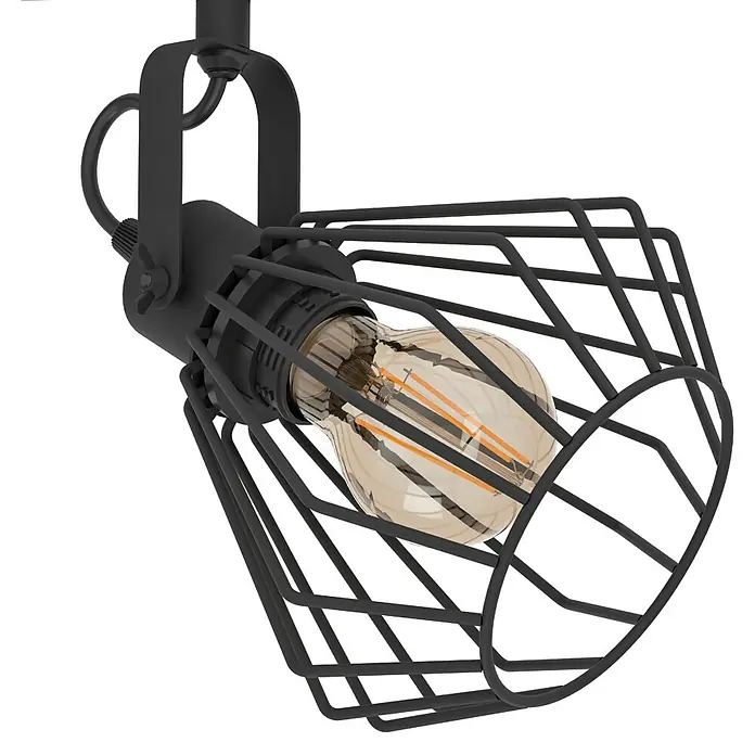 Eglo Deckenstrahler TABILLANO - L x B: 77,5 x 11 cm, Schwarz, E27, 3 Stk. - Nahaufnahme einer stilvollen, mattschwarzen Industrie-Deckenleuchte mit einem dekorativen Käfig und einer warm leuchtenden Edison-Glühbirne.