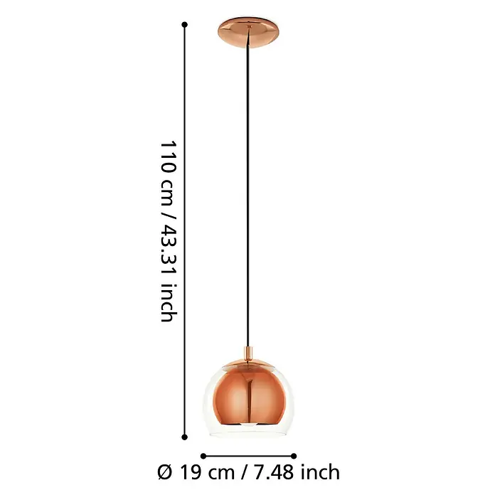 Eglo Pendelleuchte rund Rocamar - Höhe: 110 cm, Kupfer/Klar, 40 W - Nahaufnahme einer Pendelleuchte mit klarem Glasschirm und roségoldfarbenen Akzenten, die modernes Design und elegante Beleuchtung vereint.