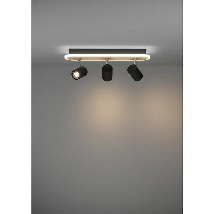 Eglo LED-Deckenstrahler Rimbocchi - 12 W, L x B x H: 46 x 10 x 15 cm, Schwarz, Holz, Warmweiß - Schwarze Deckenleuchte mit drei verstellbaren Strahlern und ovalem Holz-Akzent mit integriertem LED-Streifen.