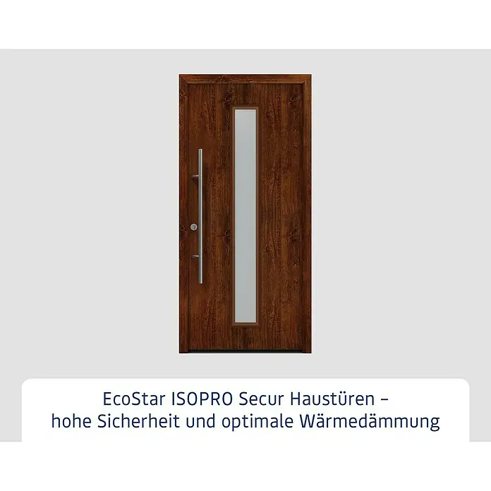 Hörmann EcoStar Haustür ISOPRO Secur IPS 020S - 110 x 210 cm, DIN Anschlag: Links, Dark Oak - Braune Holzoptik-Sicherheitshaustür mit vertikalem Glaseinsatz und langem Griff.