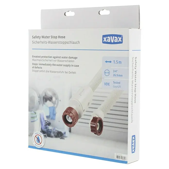 Xavax Wasserstop - Länge: 1,5 cm - Xavax Sicherheits-Wasserstoppschlauch in Verpackung. Heller, flexibler Schlauch mit braunen Anschlüssen, stoppt automatisch die Wasserzufuhr bei Defekt.