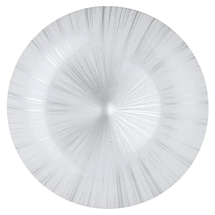 Eglo LED-Deckenleuchte rund NIEVES - 10 W, Ø x H: 31 x 6 cm, Weiß/Silber, Warmweiß - Nahaufnahme einer weißen Lampe mit radialem Muster, das für ein diffuses Licht sorgt und jedem Raum ein modernes Flair verleiht.