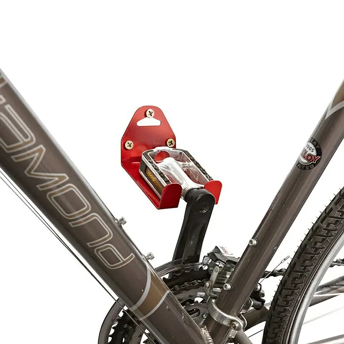 Mottez Fahrrad-Wandhaken - Stahl, Rot - Rote Fahrradwandhalterung aus Metall, die ein Fahrradpedal sicher hält, ideal zur platzsparenden Aufbewahrung.