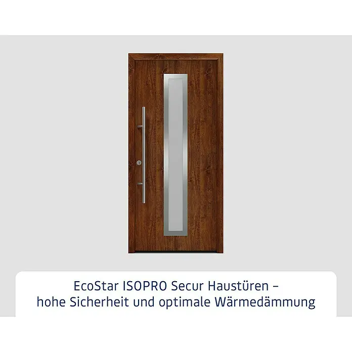 Hörmann EcoStar Haustür ISOPRO Secur IPS 700S - 110 x 210 cm, DIN Anschlag: Links, Dark Oak - Braune Holzmaserung Haustür mit vertikalem, silbergerahmtem Glaseinsatz und langem silbernen Stangengriff.