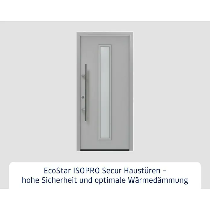 Hörmann EcoStar Haustür ISOPRO Secur IPS 020S - 110 x 210 cm, DIN Anschlag: Links, Weißaluminium - Moderne hellgraue Eingangstür mit langem Silbergriff und vertikalem Milchglaseinsatz.