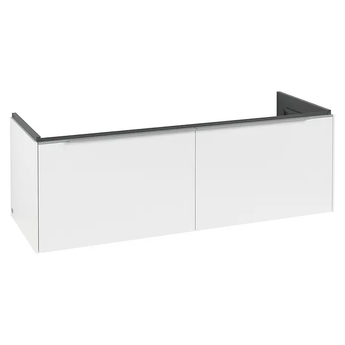 Villeroy & Boch Subway 3.0 Waschbeckenunterschrank - Pure White, Anzahl Schubladen: 2 Stk., Farbe Griff: Aluminium glänzend, B x T x H: 127,2 x 47,8 x 42,9 cm, Mit Beleuchtung, Geeignet für Doppelwaschtisch - Weißer Wandschrank mit zwei Türen und dunkelgrauem oberen Rahmen.