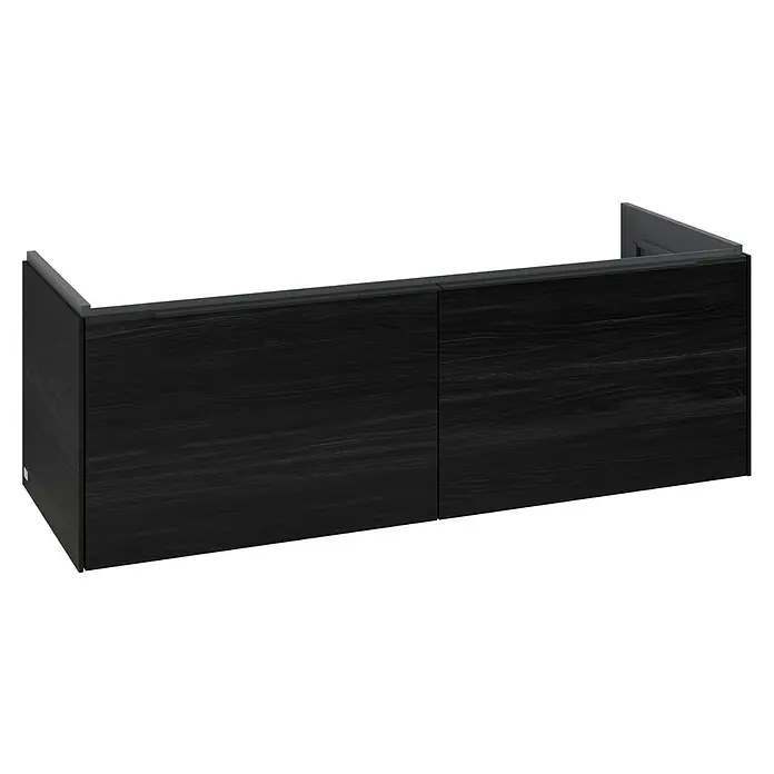 Villeroy & Boch Subway 3.0 Waschbeckenunterschrank - Black Oak, Anzahl Schubladen: 2 Stk., Farbe Griff: Volcano Black, B x T x H: 127,2 x 47,8 x 42,9 cm, Mit Beleuchtung, Geeignet für Doppelwaschtisch - Dunkles Wandschrank mit Holzmaserung, zwei Türen und grauer Leiste.