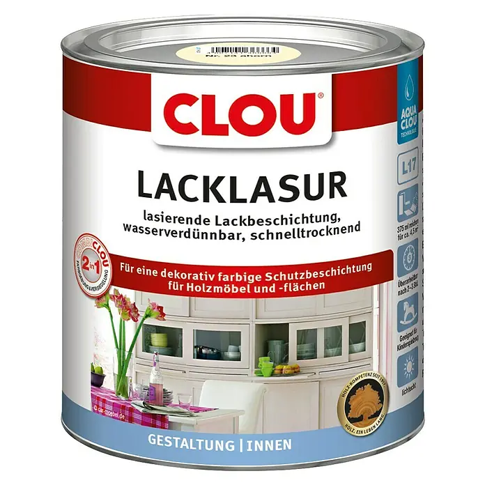 Clou Aqua Lacklasur Combi-Clou L17 -  - Dose Clou Lacklasur für dekorative Farbbeschichtungen auf Holzmöbeln und Flächen, wasserverdünnbar und schnelltrocknend für Innenräume.