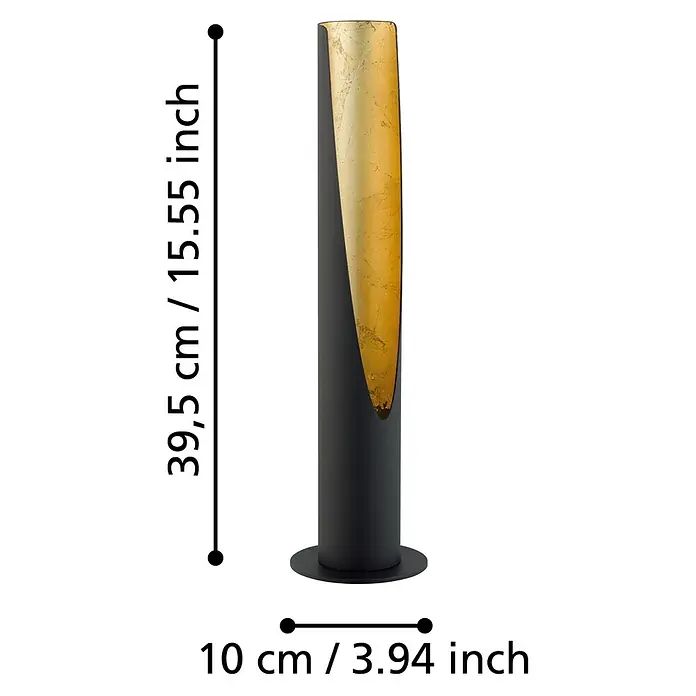 Eglo Barbotto LED-Tischleuchte rund - 5 W, Ø x H: 100 mm x 39,5 cm, Gold, Schwarz, Warmweiß - Produktansicht: Elegante schwarze Vase mit goldfarbenem Akzent und den Maßen 39,5 cm Höhe und 10 cm Durchmesser.