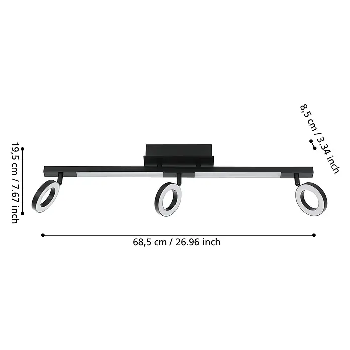 Eglo Cardillio 2 LED-Deckenstrahler - 16,2 W, L x B x H: 38,5 x 8,5 x 17,5 cm, Schwarz, Warmweiß, 5 Stk. - Abmessungen der LED-Deckenleuchte mit drei Strahlern, schwarz, mit ringförmigen Leuchtenköpfen und präzisen Maßangaben.