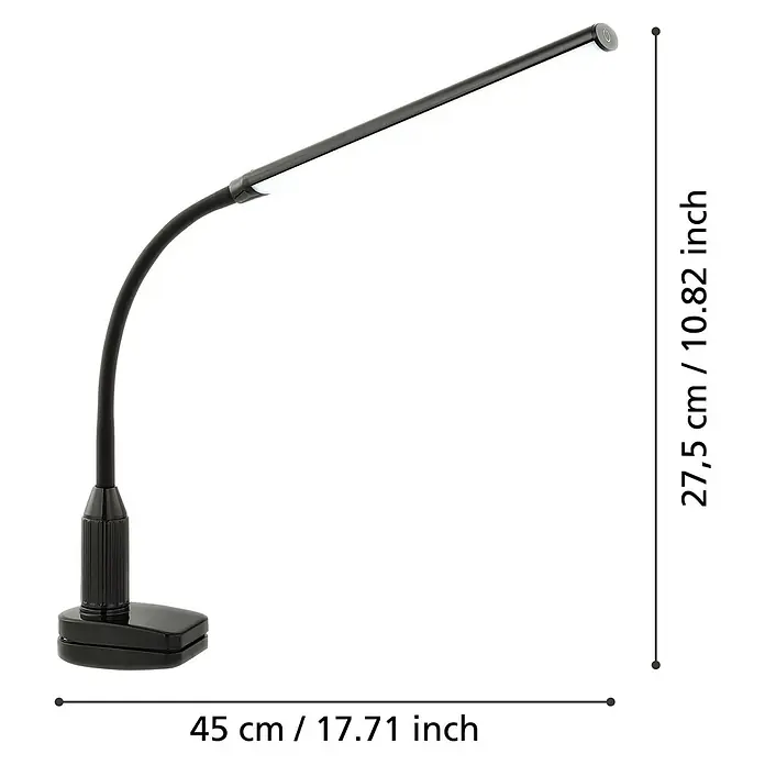 Eglo LED-Klemmleuchte Laroa - L x B x H: 45 cm x 6,5 cm x 27,5 mm - Abbildung einer modernen, dimmbaren LED-Schreibtischlampe in Schwarz mit den Maßen 27,5 cm x 45 cm.