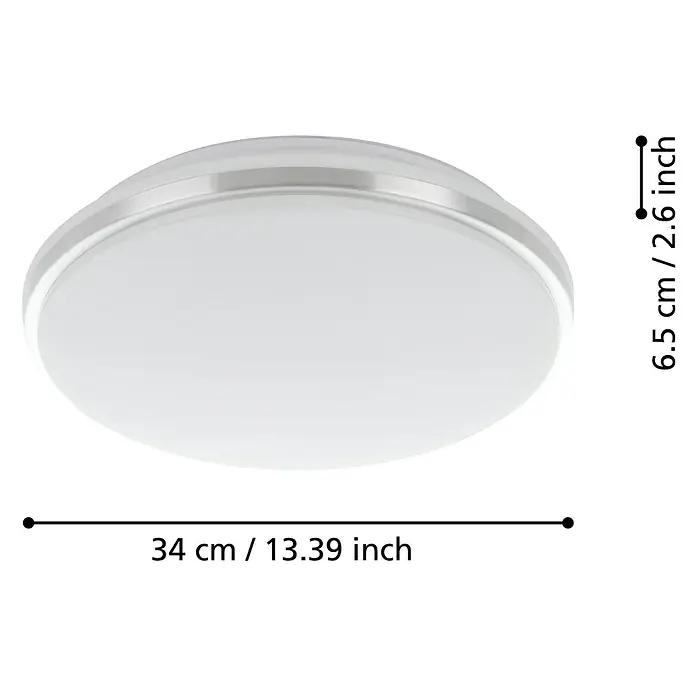Eglo LED-Deckenleuchte rund - 18 W, Ø x H: 34 x 6,5 cm, Chrom, Neutralweiß - Nahaufnahme einer runden Deckenleuchte aus Metall und Kunststoff mit Maßangaben.