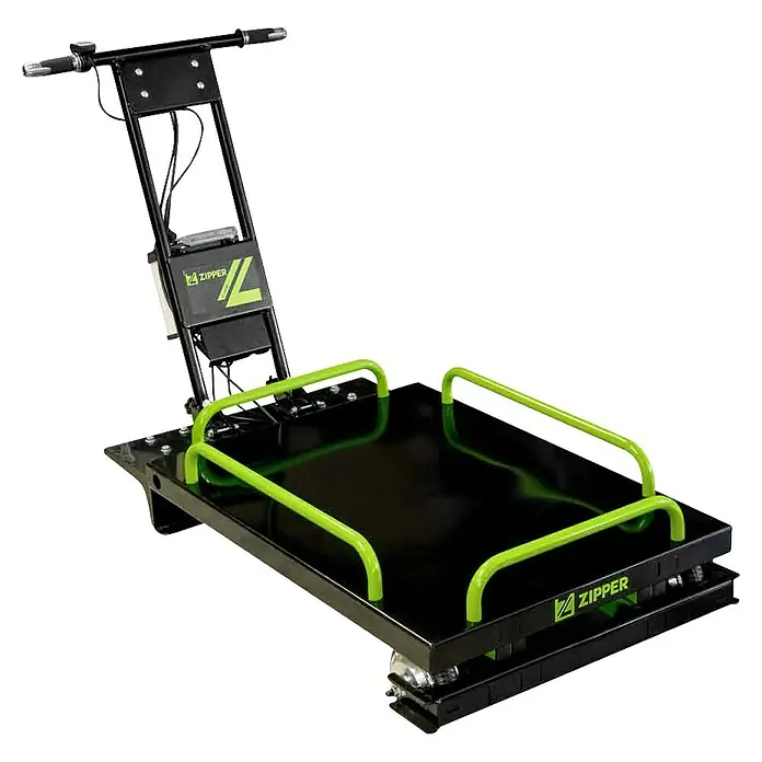Zipper Scherenhubwagen ZI-SHW300 - Länge Arbeitsplatte: 100 cm, 60 cm, Max. Ladegewicht: 300 kg - Schwarzer Elektro-Plattformwagen mit hellgrünen Griffen und Logo, für Materialtransport.