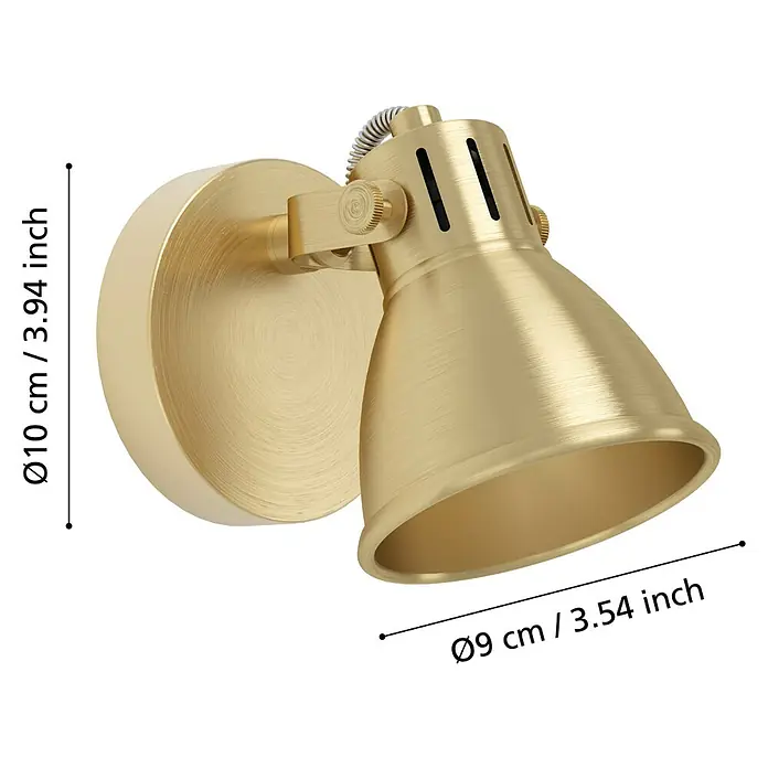 Eglo Seras Deckenstrahler SERAS - 3 W, Gold, GU10, 1 Stk. - Nahaufnahme einer goldenen Wandleuchte mit Maßen.\n