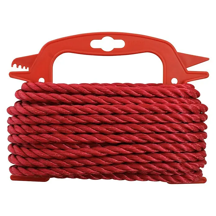 Stabilit PP-SeilØ x L: 8 mm x 10 m, Polypropylen, Rot, 3-schäftig gedreht - Rotes Seil auf einer Spule, ideal für verschiedene Anwendungen im Haushalt oder im Garten.