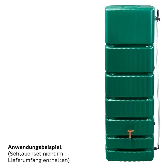4rain Regenspeicher Slim - 350 l, Dunklegrün, 1 Stk. - Abbildung eines grünen Regenspeichers mit Wasserhahn. Anwendung im Garten zur Wassergewinnung.