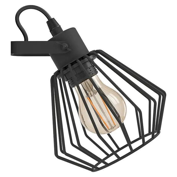 Eglo Deckenstrahler TABILLANO - Schwarz, E27, 1 Stk. - Diese Nahaufnahme zeigt eine elegante schwarze Käfig-Wandleuchte mit einer Edison-Glühbirne, die ein warmes Licht ausstrahlt.