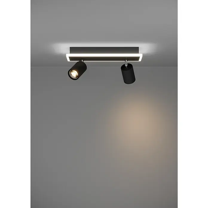 Eglo LED-Einbauleuchte Rimbocchi - 12 W, L x B x H: 34 x 10 x 14 cm, Schwarz, Warmweiß - Eine moderne Deckenleuchte mit zwei schwarzen Strahlern und einem rechteckigen LED-Panel, ideal für stilvolle Innenräume.