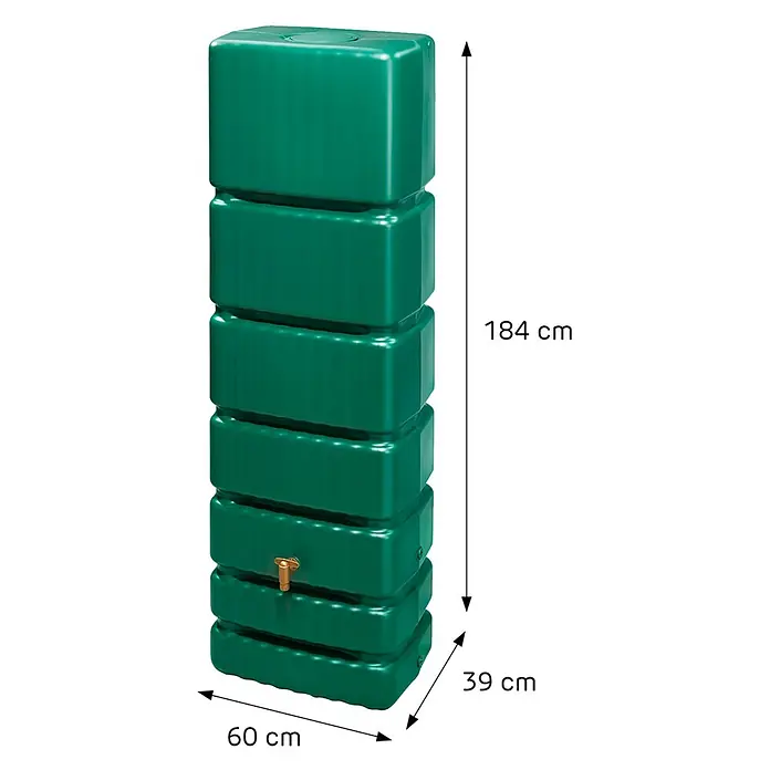 4rain Regenspeicher Slim - 350 l, Dunklegrün, 1 Stk. - Eine grüne Regentonne mit den Maßen 184 cm Höhe, 60 cm Breite und 39 cm Tiefe zur Regenwassernutzung im Garten.
