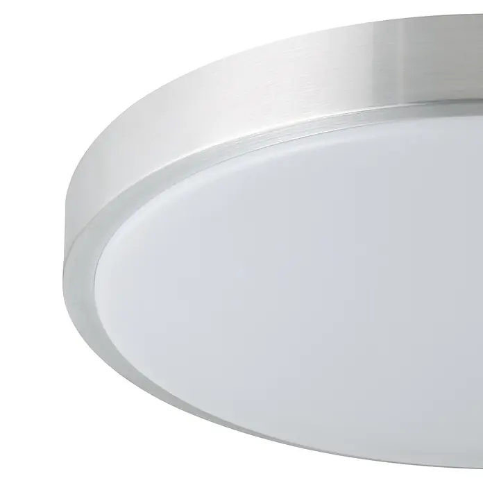 Eglo LED-Wand- & Deckenleuchte Competa 1 - 24 W, Weiß/Silber, 430 mm - Nahaufnahme einer runden Deckenleuchte mit silbernem Rahmen und weißem Diffusor für eine gleichmäßige Ausleuchtung.