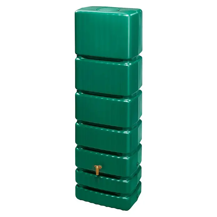 4rain Regenspeicher Slim - 350 l, Dunklegrün, 1 Stk. - Grüner Regenwassertank mit mehreren modularen Abschnitten und einem goldenen Wasserhahn, ideal für die Wasserspeicherung im Garten.